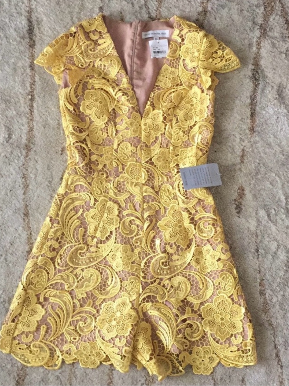 Dress the Population "Juliette" Plunge Lace Romper (Canary Yellow) NWT XS
